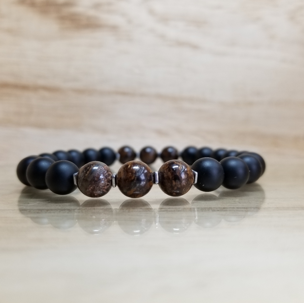 Black Onyx & Bronzite Beaded Gemstone Bracelet